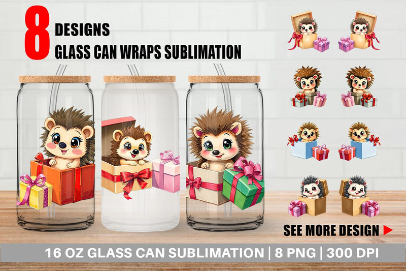 Glass Can Hedgehog Gift Sublimation artnoy 