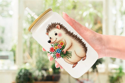 Glass Can Hedgehog Spring Bouquet Sublimation artnoy 