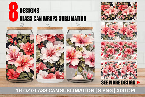 Glass Can Hibiscus Pattern Sublimation artnoy 