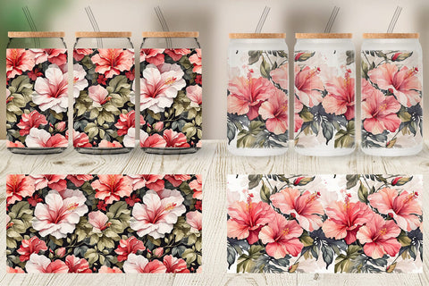 Glass Can Hibiscus Pattern Sublimation artnoy 