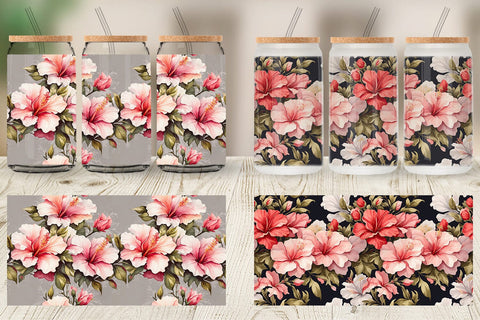 Glass Can Hibiscus Pattern Sublimation artnoy 