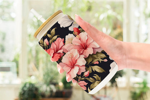 Glass Can Hibiscus Pattern Sublimation artnoy 