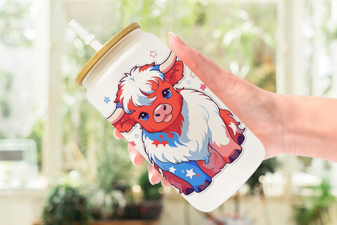 Glass Can Highland Cow 4th July Sublimation artnoy 