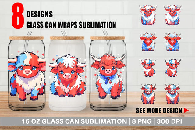 Glass Can Highland Cow 4th July Sublimation artnoy 