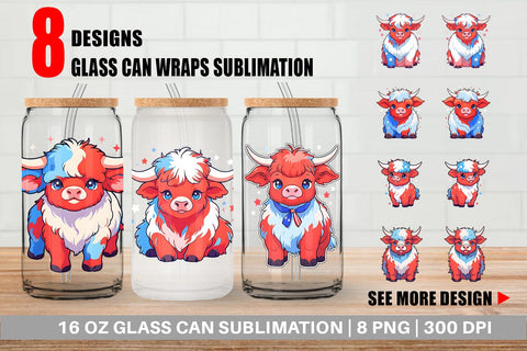 Glass Can Highland Cow 4th July Sublimation artnoy 