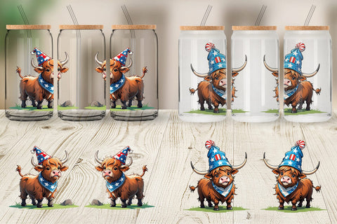Glass Can Highland Cow 4th of July Sublimation artnoy 