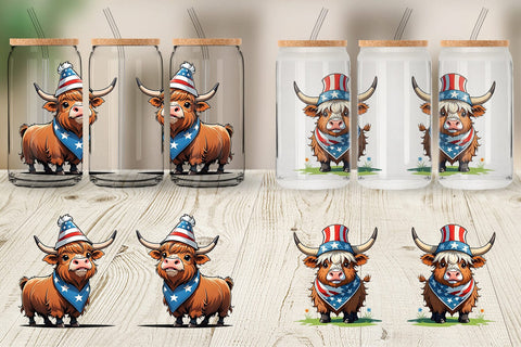 Glass Can Highland Cow 4th of July Sublimation artnoy 