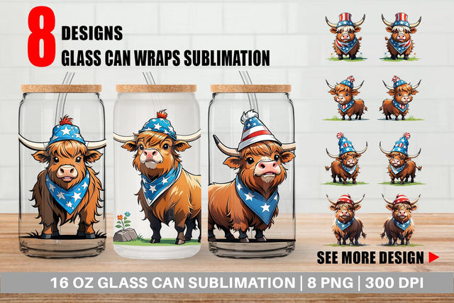 Glass Can Highland Cow 4th of July Sublimation artnoy 
