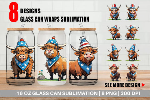 Glass Can Highland Cow 4th of July Sublimation artnoy 