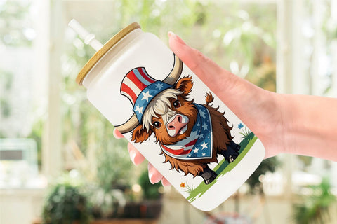 Glass Can Highland Cow 4th of July Sublimation artnoy 