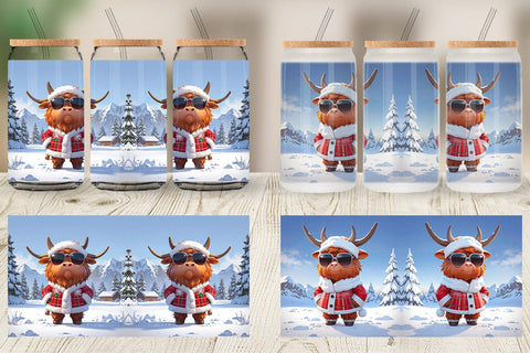 Glass Can Highland Cow Christmas Sublimation artnoy 