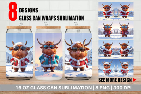 Glass Can Highland Cow Christmas Sublimation artnoy 