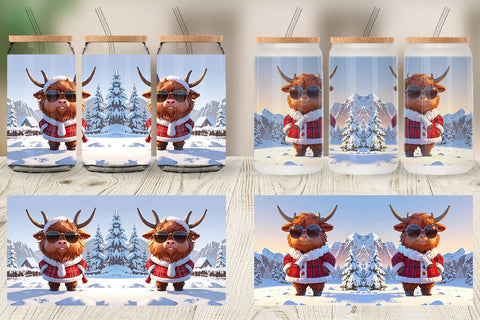 Glass Can Highland Cow Christmas Sublimation artnoy 