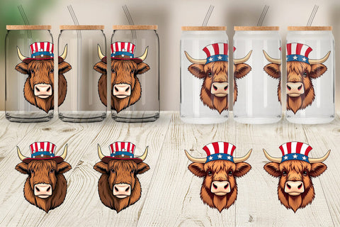 Glass Can Highland Cow Patriotic Sublimation artnoy 
