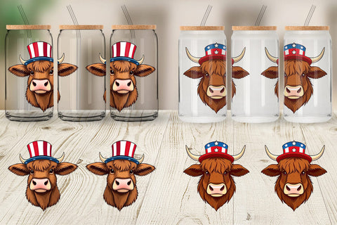 Glass Can Highland Cow Patriotic Sublimation artnoy 