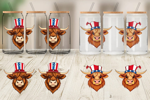 Glass Can Highland Cow Patriotic Sublimation artnoy 