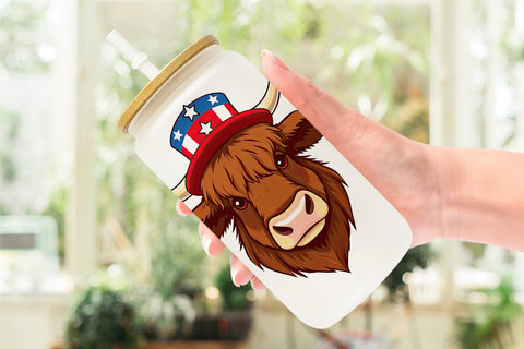 Glass Can Highland Cow Patriotic Sublimation artnoy 