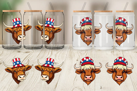 Glass Can Highland Cow Patriotic Sublimation artnoy 