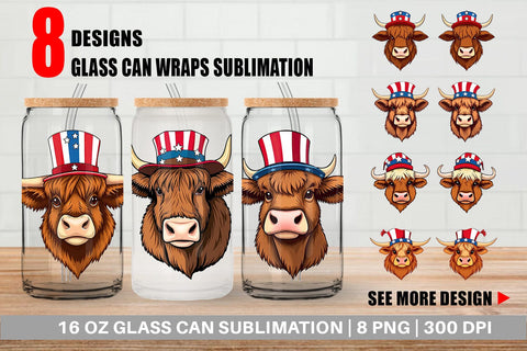 Glass Can Highland Cow Patriotic Sublimation artnoy 