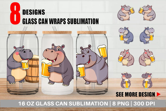 Glass Can Hippopotamus Beer Day Sublimation artnoy 
