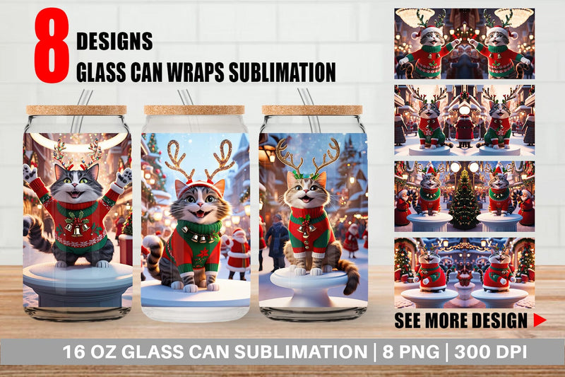 Glass Can Holiday Cat Christmas Sublimation artnoy 