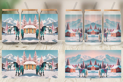 Glass Can Horse and Winter Landscape Sublimation artnoy 