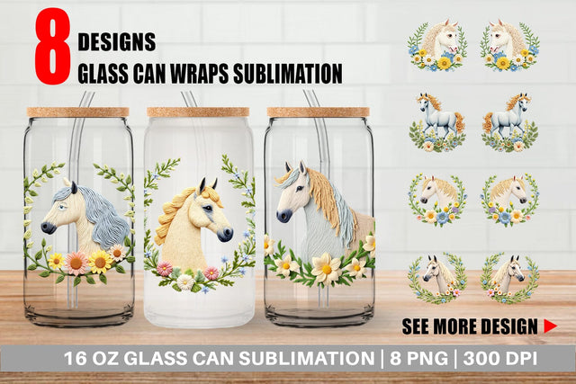 Glass Can Horse Embroidery Sublimation artnoy 