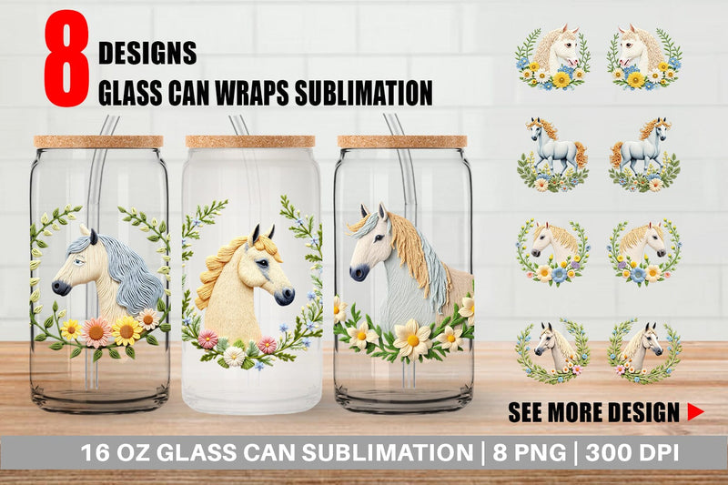 Glass Can Horse Embroidery Sublimation artnoy 