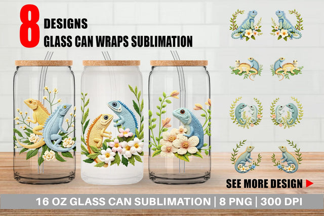 Glass Can Iguana Embroidery Sublimation artnoy 