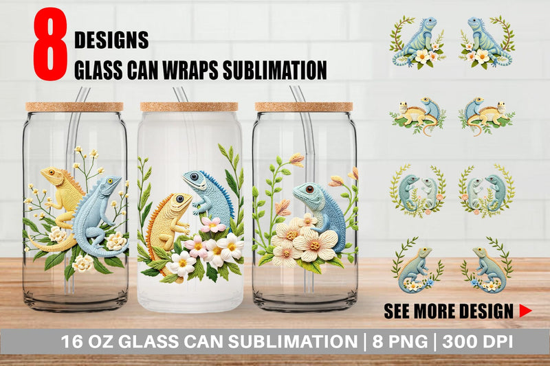 Glass Can Iguana Embroidery Sublimation artnoy 