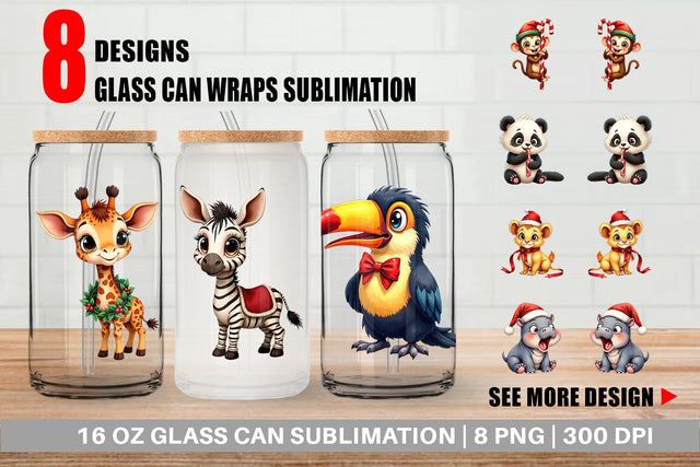 Glass Can Jungle Jingle Safari Vintage Christmas Animals Sublimation artnoy 
