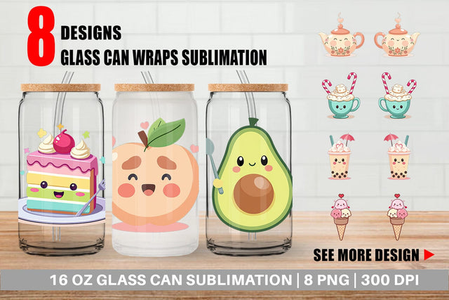 Glass Can Kawaii Food Sips Sublimation artnoy 