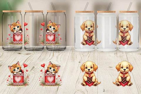 Glass Can Kitsch Valentine's Pets Retro Puppy & Kitten Sublimation artnoy 