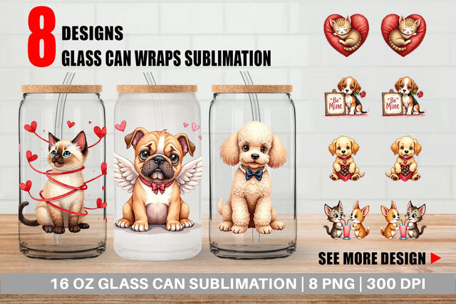 Glass Can Kitsch Valentine's Pets Retro Puppy & Kitten Sublimation artnoy 