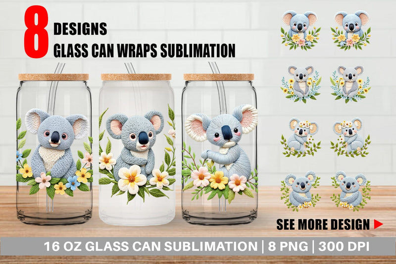 Glass Can Koala Embroidery Sublimation artnoy 