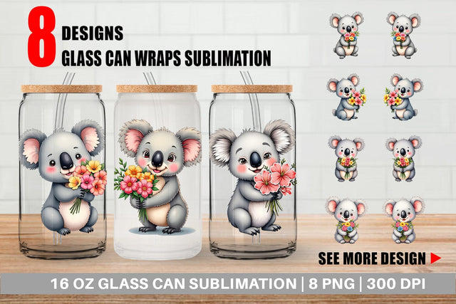 Glass Can Koala Spring Bouquet Sublimation artnoy 