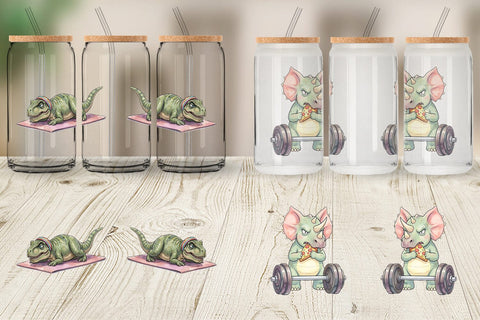 Glass Can Lazy Fitness Funny Dinosaur Sublimation artnoy 