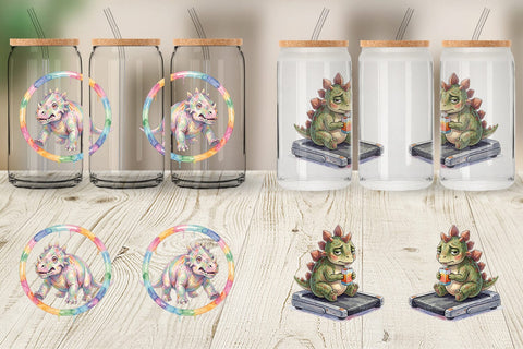 Glass Can Lazy Fitness Funny Dinosaur Sublimation artnoy 