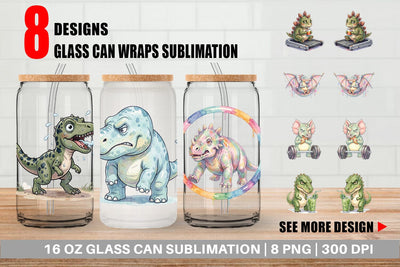 Glass Can Lazy Fitness Funny Dinosaur Sublimation artnoy 