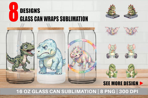 Glass Can Lazy Fitness Funny Dinosaur Sublimation artnoy 