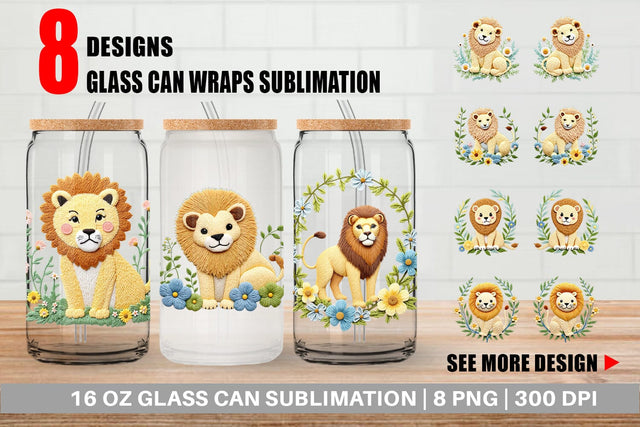 Glass Can Lion Embroidery Sublimation artnoy 