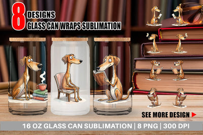 Glass Can Literary Loungers Dog Watercolor Sublimation artnoy 