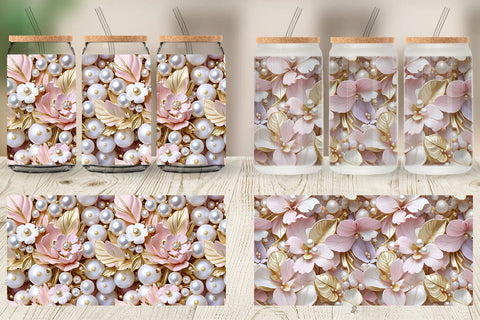 Glass Can Luxury Flowers Pattern Sublimation artnoy 
