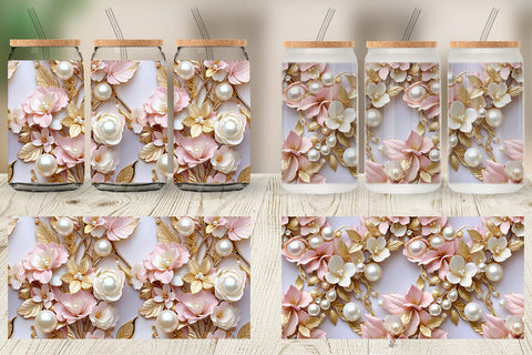 Glass Can Luxury Flowers Pattern Sublimation artnoy 