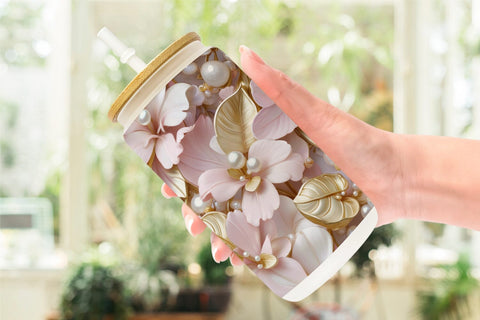 Glass Can Luxury Flowers Pattern Sublimation artnoy 