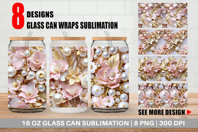 Glass Can Luxury Flowers Pattern Sublimation artnoy 