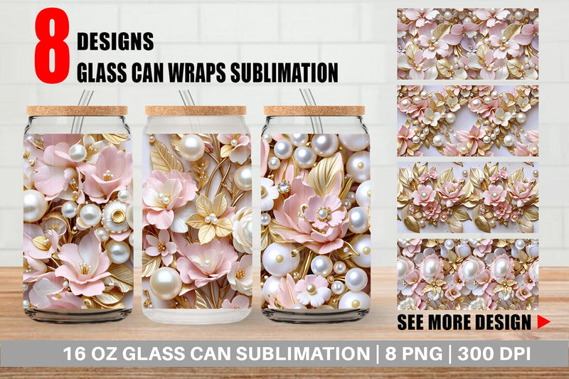 Glass Can Luxury Flowers Pattern Sublimation artnoy 
