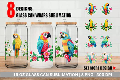 Glass Can Macaw Embroidery Sublimation artnoy 
