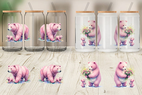 Glass Can Mama Bear Cub Watercolor Sublimation artnoy 