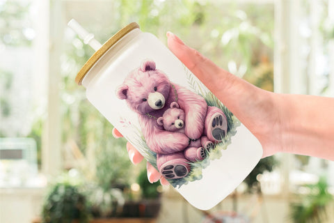 Glass Can Mama Bear Cub Watercolor Sublimation artnoy 
